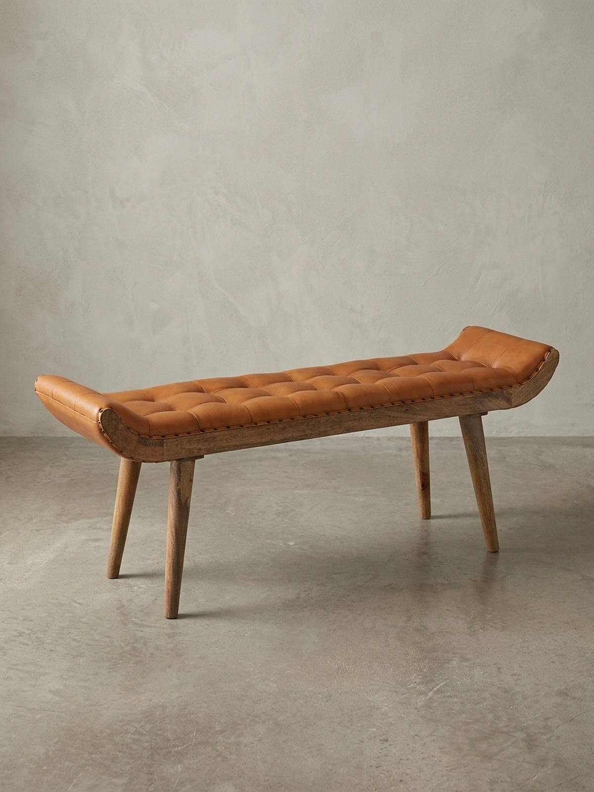 SITZBANK Massivholz Chesterfield Muster, Braun 125x38x50 cm - Braun, Mangoholz/Leder (125/50/38cm) - KADIMA DESIGN