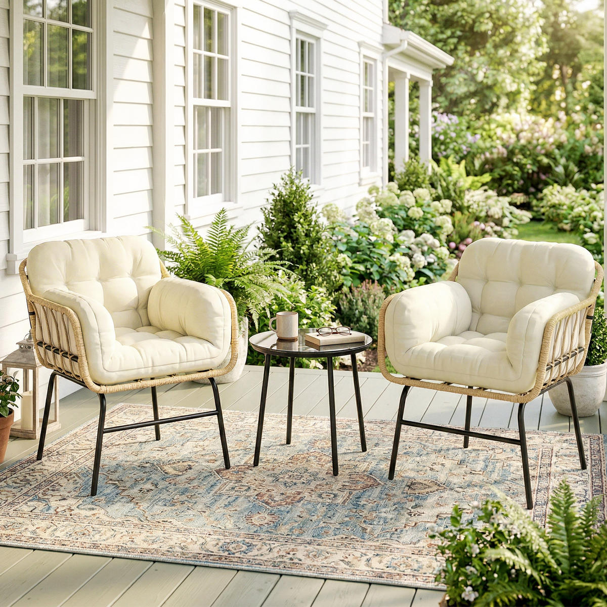 GARTENSITZGRUPPE 3tlg. DE-13717 mit Glastisch und Polsterkissen Kaki - Mokka, Metall - ComfortXL
