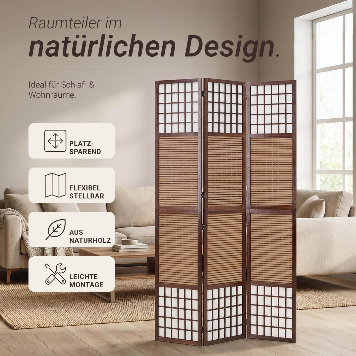 PARAVENT 3-tlg. 120/200 cm Braun Bambusstreben - Braun, Holz (120/200/2cm) - Homestyle4u