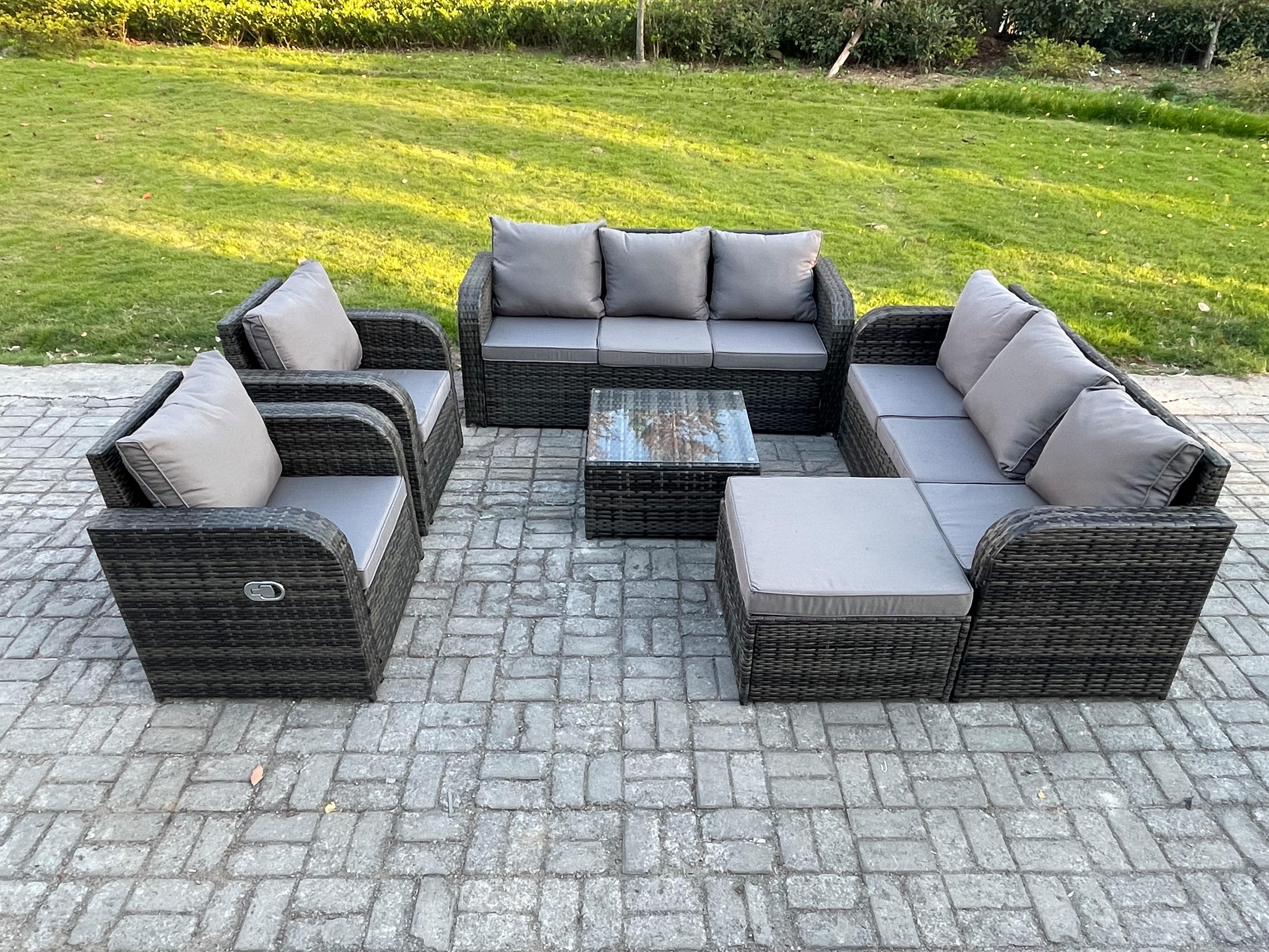 Thumbnail - Fimous Gartentischgruppe, Dunkelgrau, Metall, Kunststoff, Glas, 9-Sitzer, Füllung: Schaumstoff, quadratisch, Loungemöbel...