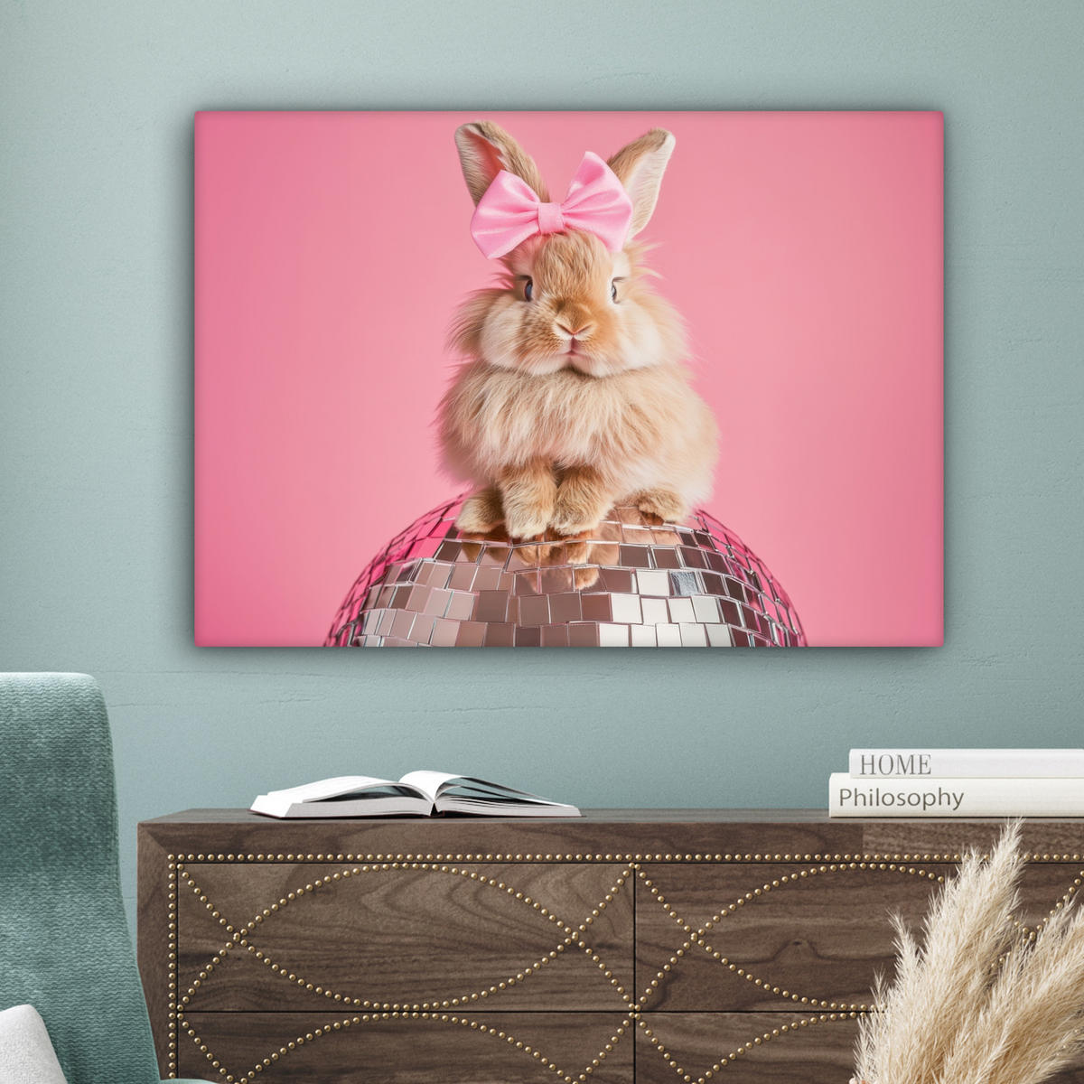 LEINWANDBILD Schleife - Discoball - Kaninchen Wandbilder 80x60 cm - Pink, Textil (80/60cm) - MuchoWow