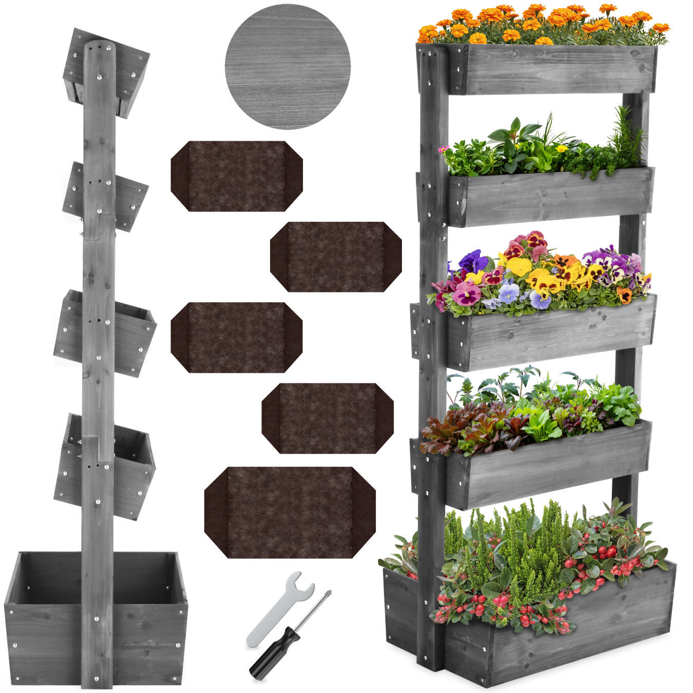 VERTIKALBEET Flora,inklusive Pflanzvlies, 81 x 52 x 180 cm,grau - Grau, Holz (81/180/52cm) - tectake