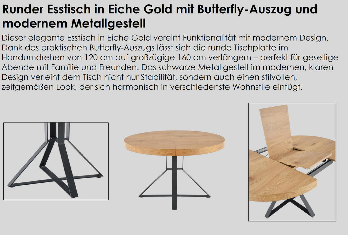 ESSTISCH rund Eiche Gold - Schwarz ausziehbar - Eichefarben/Schwarz, Holzwerkstoff (120/120/76cm) - designimpex