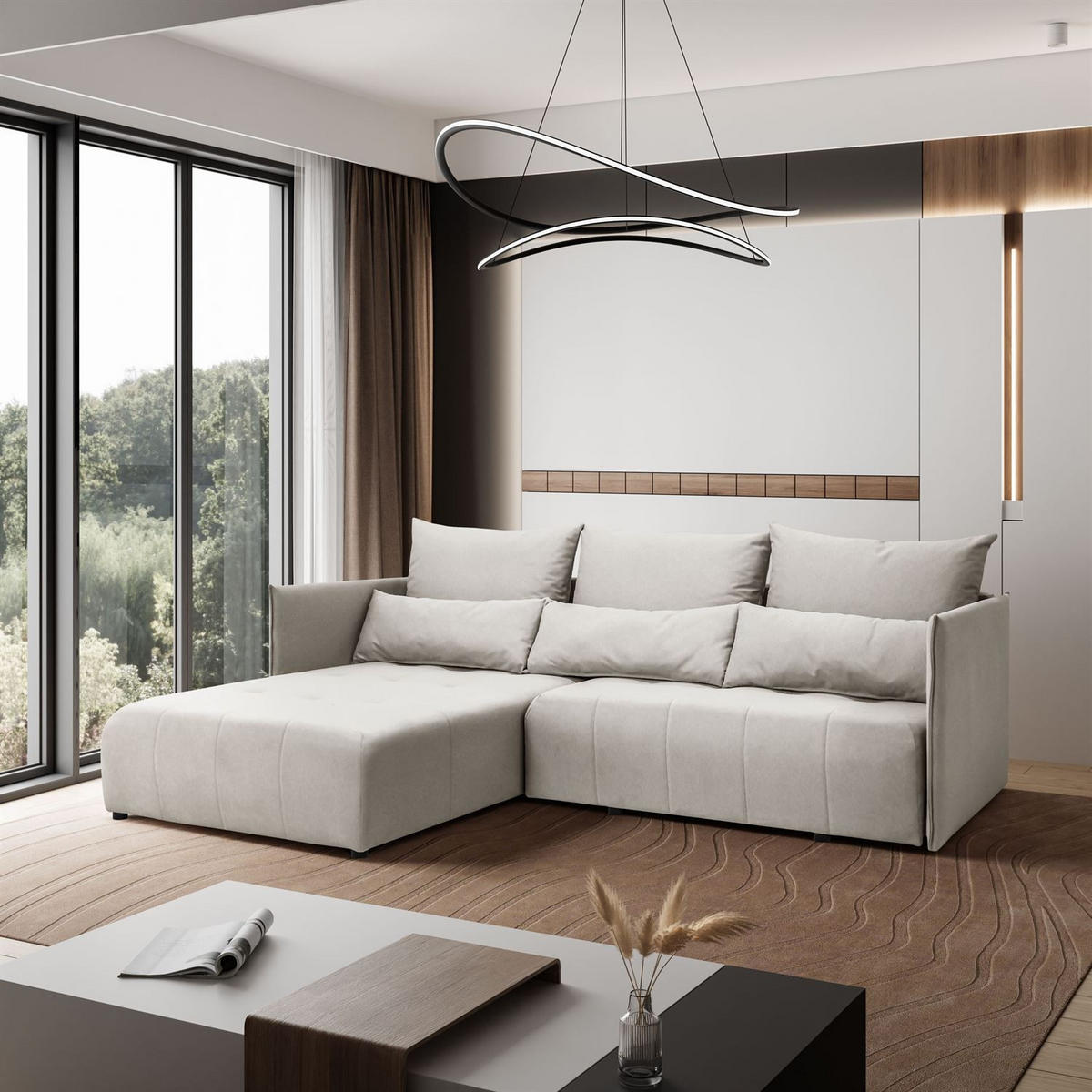 ECKSOFA APOLLO L mit Schlaffunktion und Bettkasten – linke Seite - Ecru, Textil (246/188cm) - Lookway