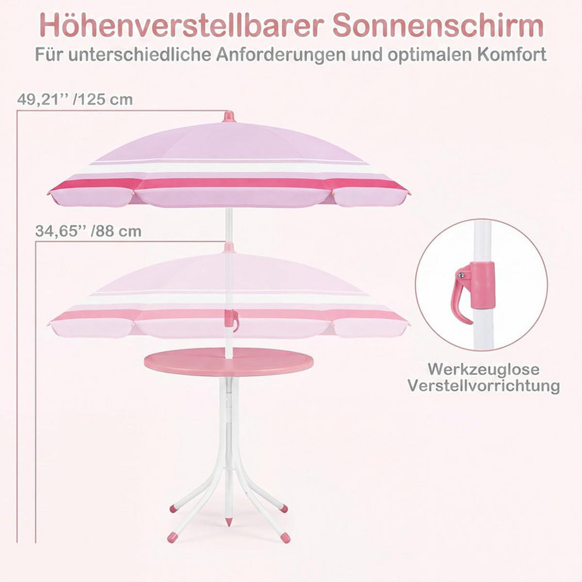 KINDER-SITZGRUPPE mit Sonnenschirm rosa(4-tlg) - Pink, Metall - COSTWAY