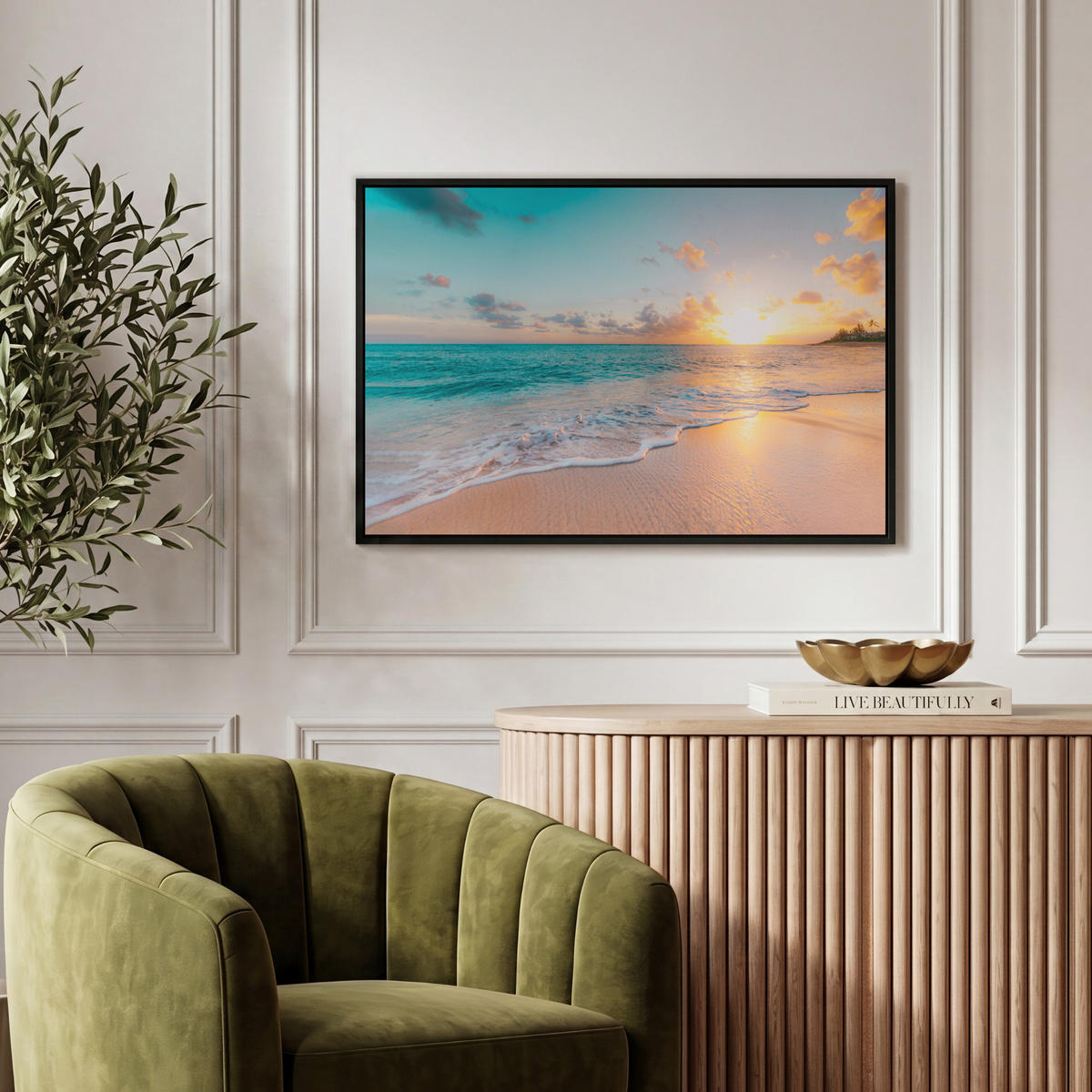 LEINWAND Bilder mit Rahmen - Sonnenuntergang - Strand - Meer - Sommer - Blau - 60x40 - Multicolor, Textil (60/40cm) - MuchoWow