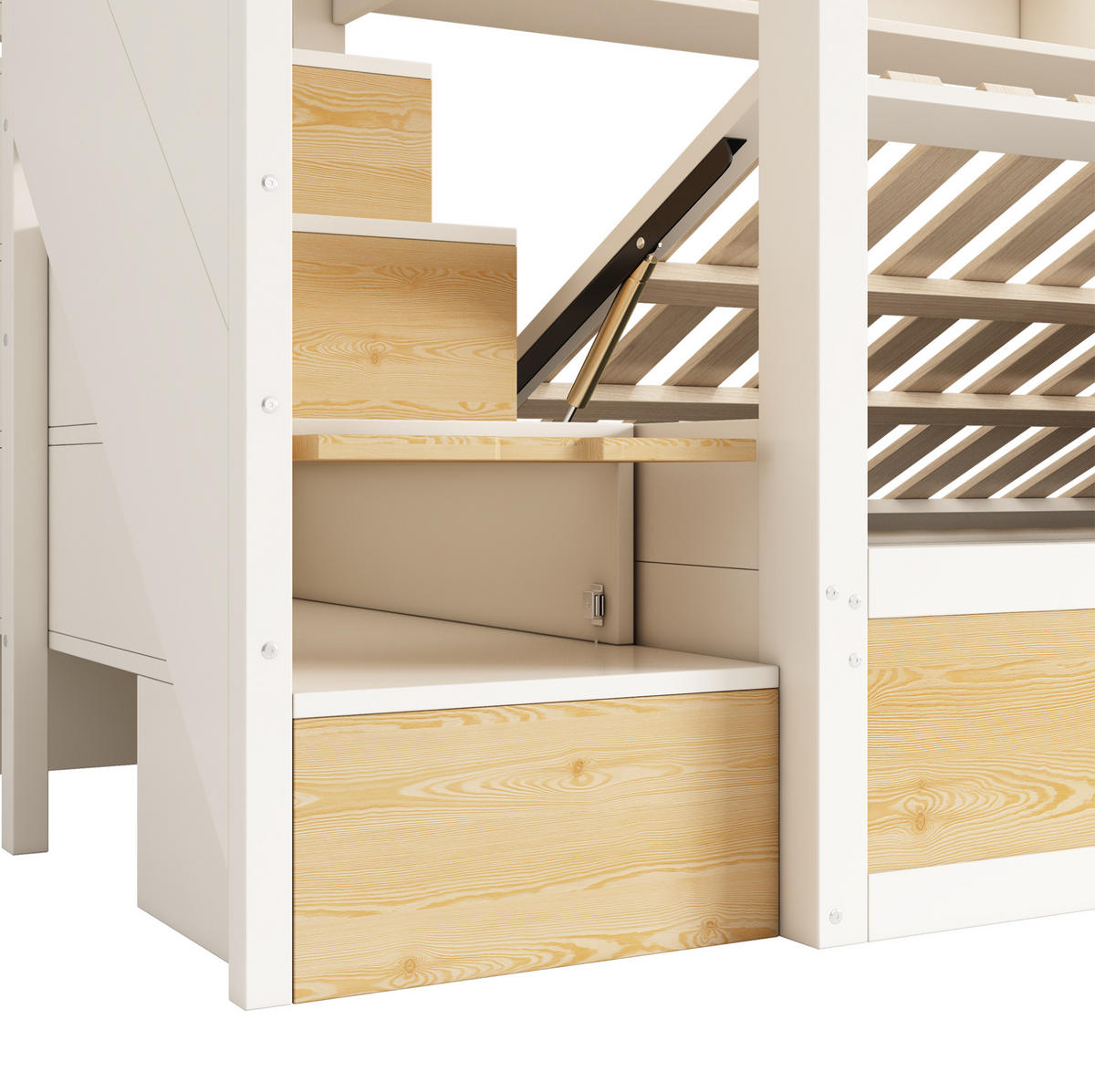 ETAGENBETT aus Holz und Metall 90x200 cm Weiß/Natur mit Treppenschrank, Bettkasten und Sicherheitsgeländer - Naturfarben, Holzwerkstoff (90/200cm) - Modfu