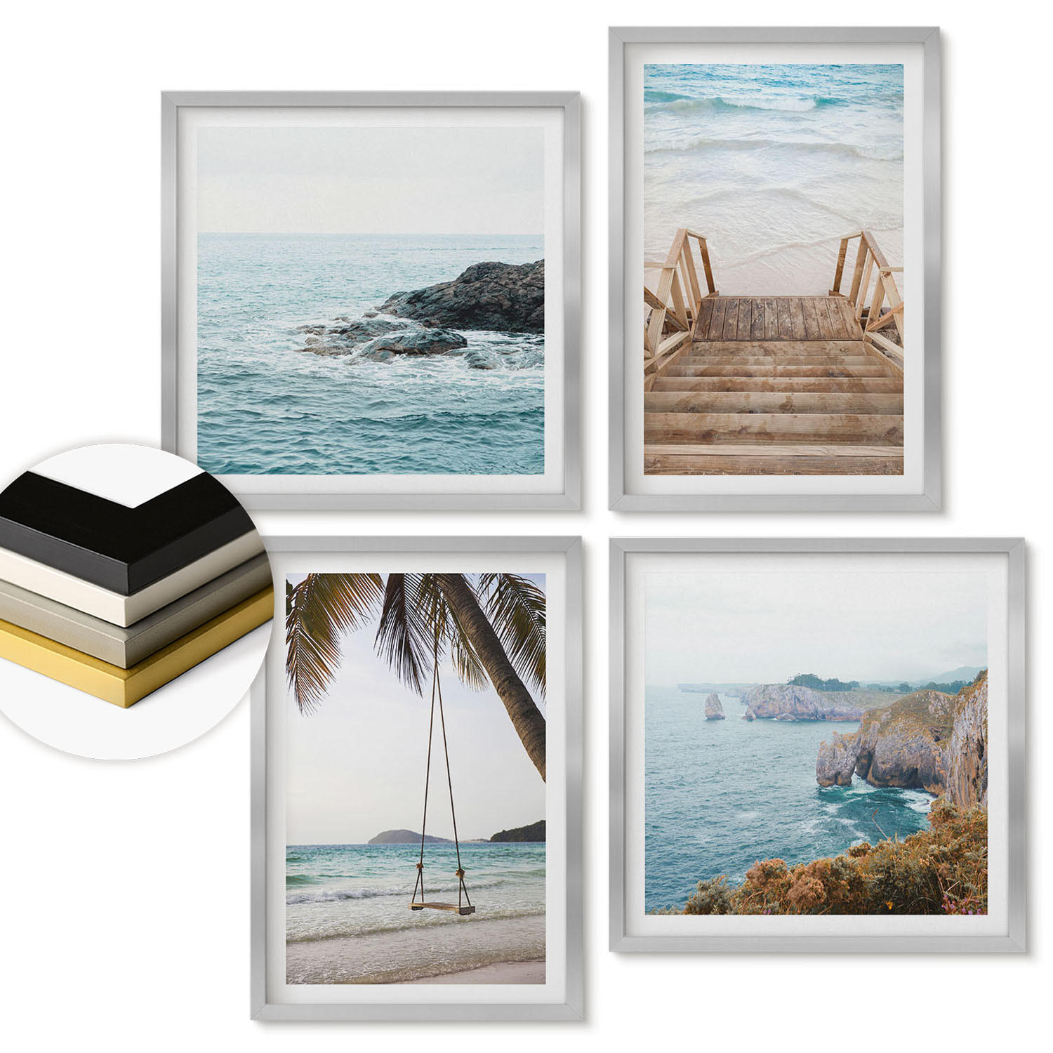 WANDBILDER 4er Set - 50x50 cm & 40x60 cm Silberner Rahmen - Treppe, Strand, Meerblick, Schaukel - Silberfarben, Kunststoff (50/50cm) - ArtPrintCave