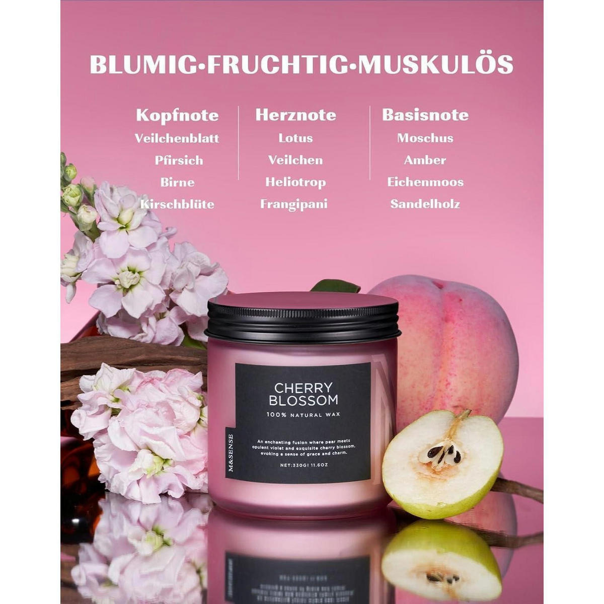 DUFTKERZE Kirschblüte 330g 70 Stunden Brenndauer - Rosa, Paraffin (9.5cm)
