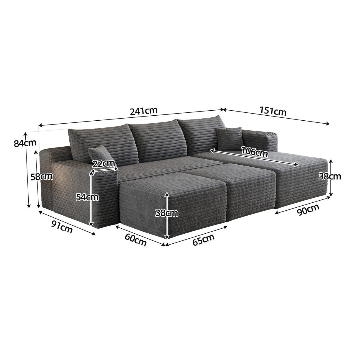 WOHNLANDSCHAFT Cord Dunkelgrau ohne Montage - Grau, Textil (241/58/151cm) - WISHDOR
