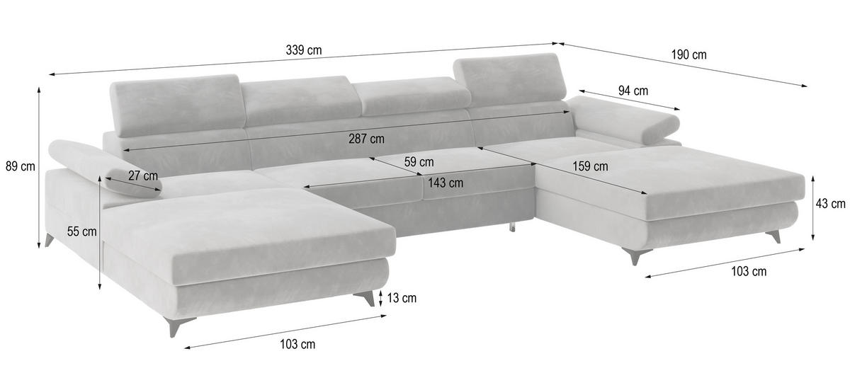 WOHNLANDSCHAFT DETTI Hellgrau Velours-Stoff mit Schlaffunktion - Hellgrau, Holz (339/89/190cm) - MASSENO