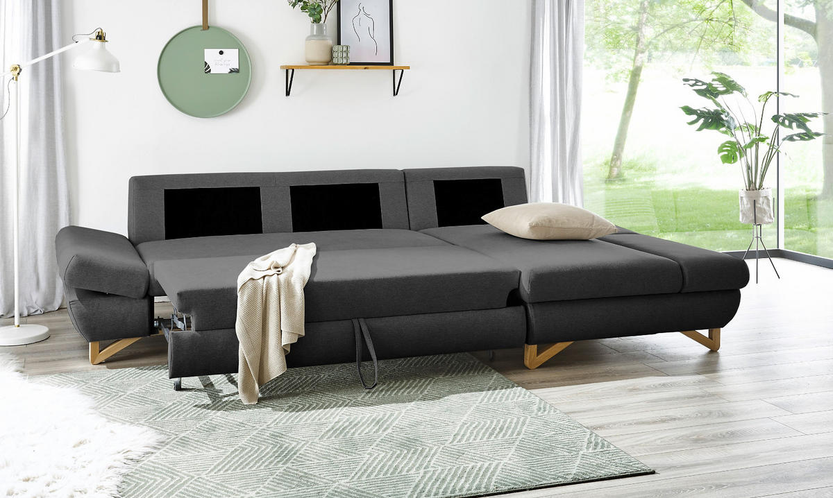ECKSOFA grau Velours, Sofa mit Bettfunktion und Stauraum 284 cm - Grau, Holz/Textil (284/166cm) - Furn.Design