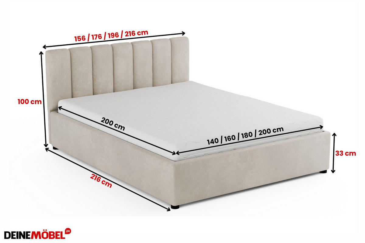 POLSTERBETT VIANA 140/200 in Velours Ecru - Ecru, Holz/Holzwerkstoff (140/200cm) - Deine Möbel 24