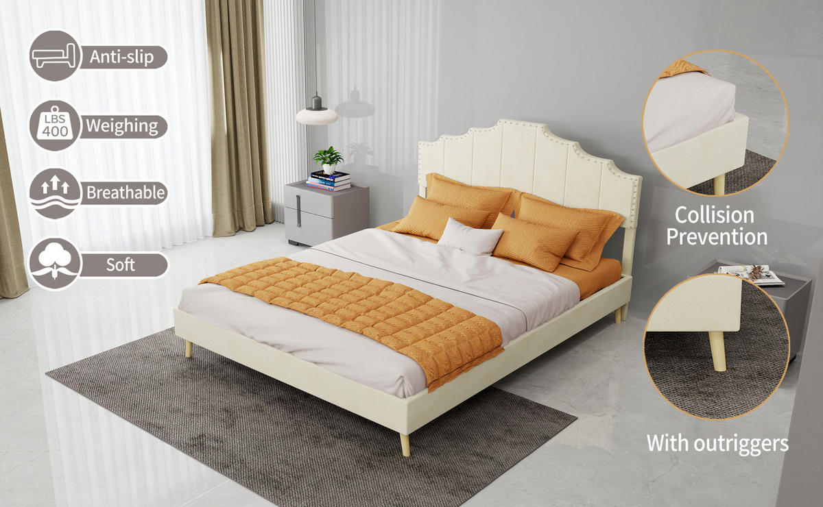 POLSTERBETT 140/200 cm mit geometrischem Kopfteil und Matratze, Beige - Beige, Textil (140/200cm) - Redom