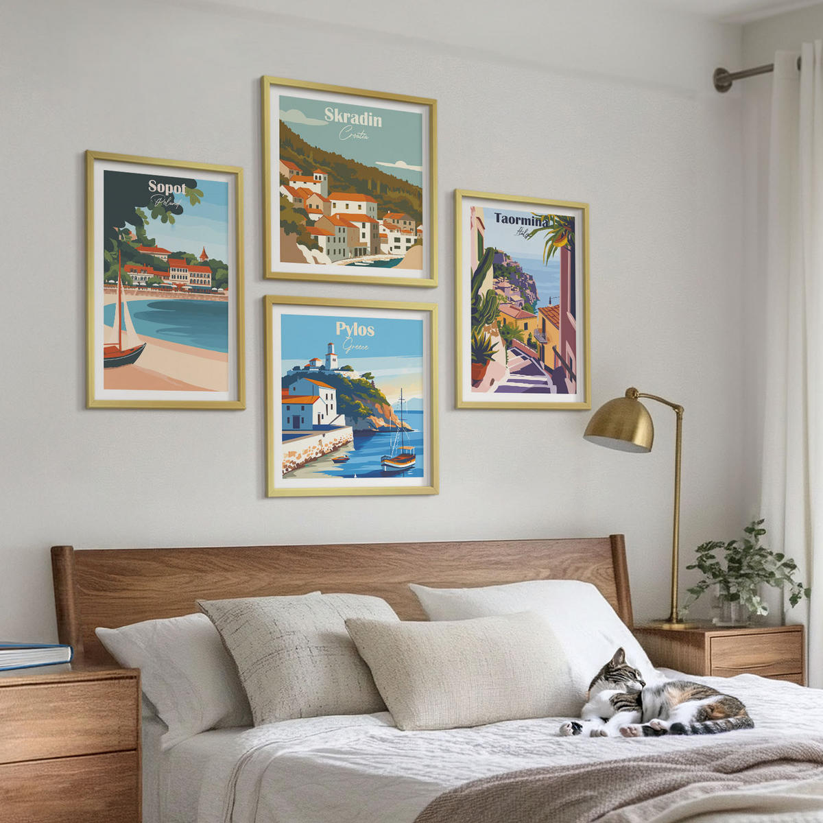WANDBILDER 4er Set - 50x50 cm & 40x60 cm Goldrahmen - Illustrationen von Küstenstädten - Goldfarben, Kunststoff (50/50cm) - ArtPrintCave