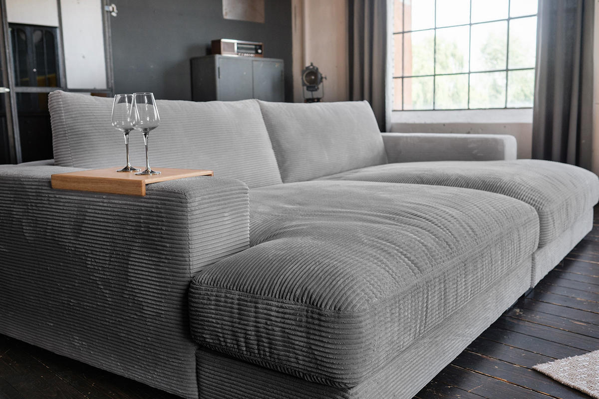 BIG SOFA-SET MIT TABLETT NATUR MADELINE Grau Cord - Schwarz/Grau, Kunststoff/Textil (290/85/170cm) - KAWOLA