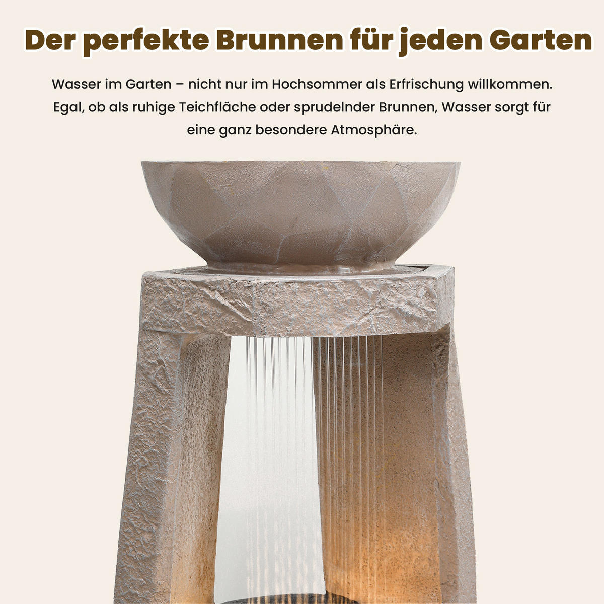 GARTENBRUNNEN, LED-Beleuchtung, Kunststein, Wasserspiel, Beige - Beige, Naturmaterialien (36.5/36/81.5cm) - FLIEKS
