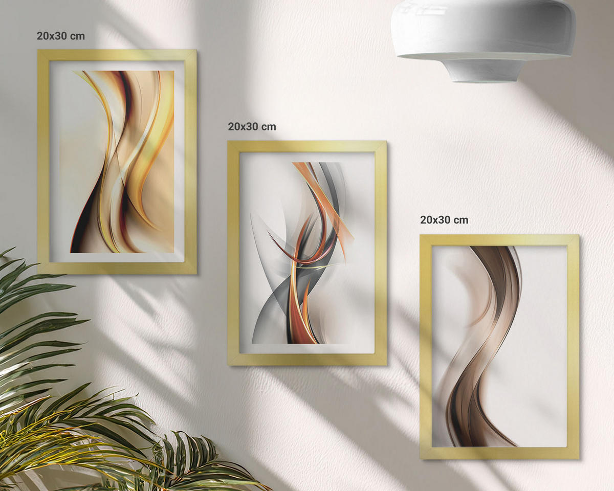 BILDER SET 3er Set - 20x30 cm Goldrahmen - Gelbgrau-braune Wellen - Goldfarben, Kunststoff (20/30cm) - TULUP
