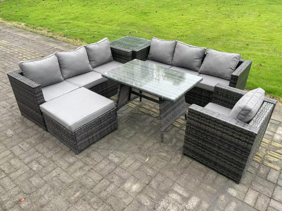 GARTENMÖBELSET mit Esstisch,Stuhl 8-Sitzer Grau - Dunkelgrau/Grau, Glas/Kunststoff - Fimous