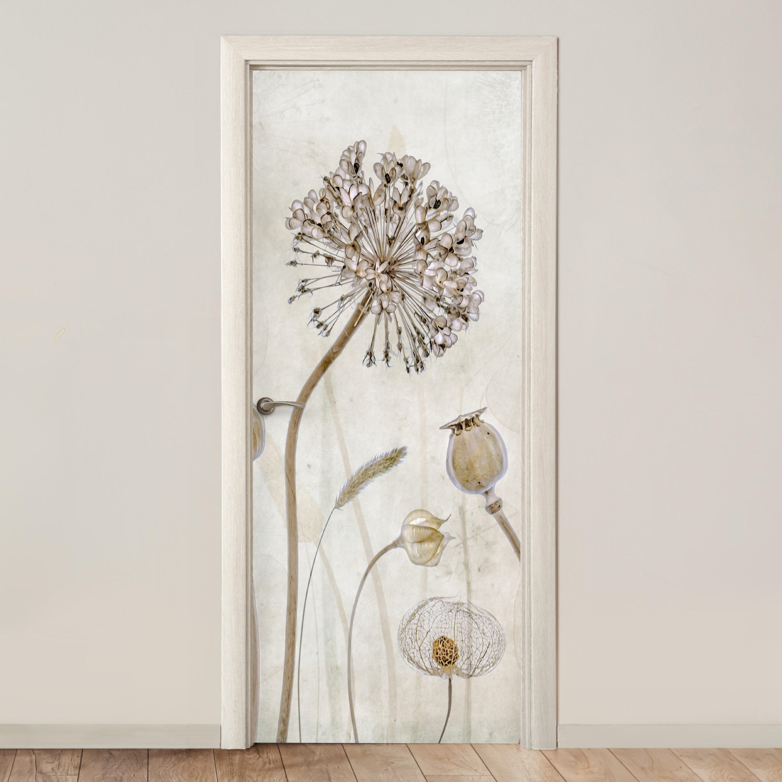 FOTOTAPETE Tür - Blumen - Aquarell - Stilleben - Braun - Vintage 95x235 cm - Ecru, Kunststoff (95/0.1cm) - MuchoWow