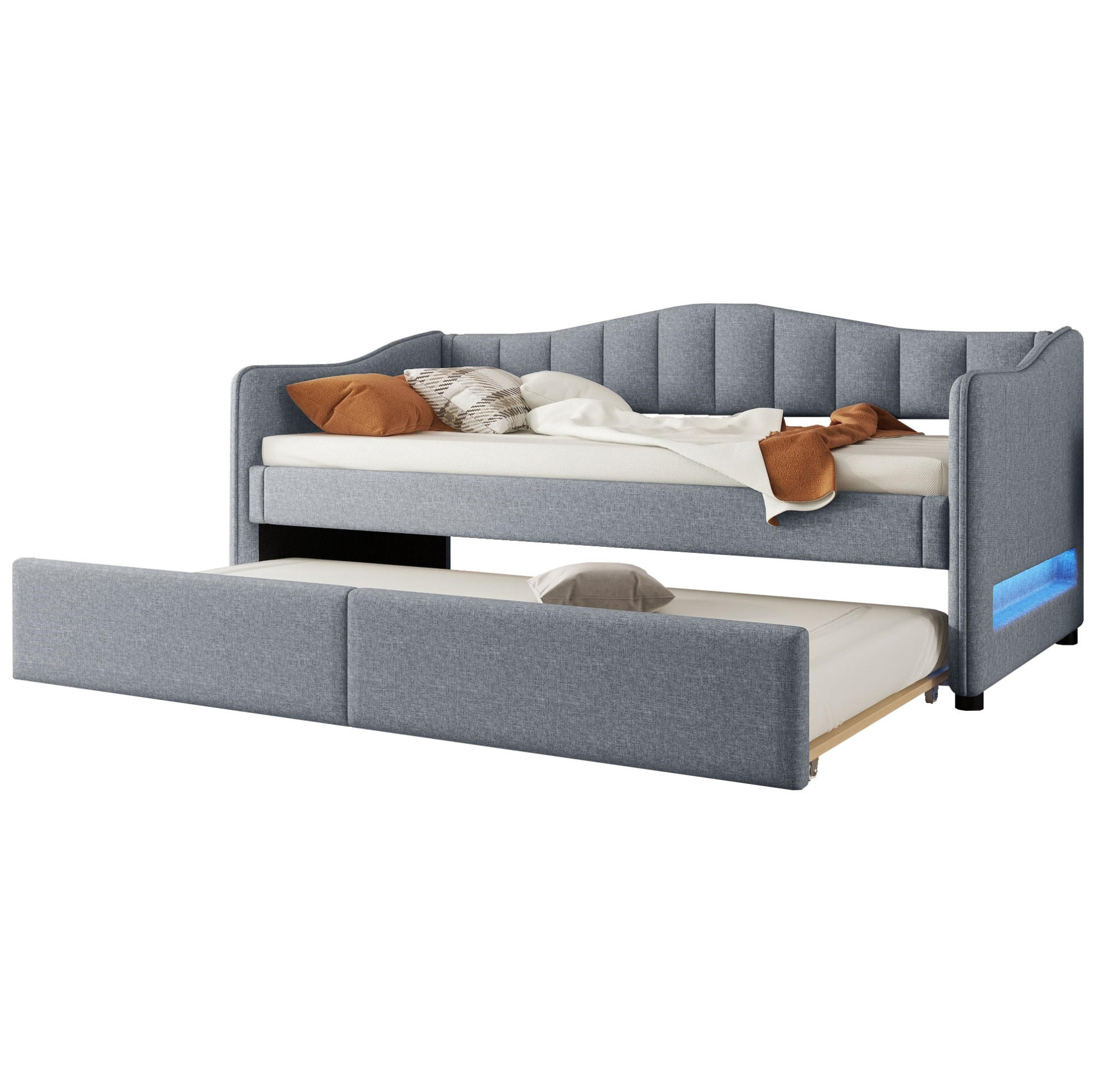 POLSTERBETT 90/200 cm aus Leinen mit ausziehbarem Rollbett und LED-Beleuchtung Grau - Grau, Textil (90/200cm) - Modenvie