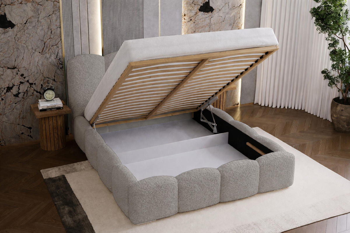 POLSTERBETT 180x200 cm Zenna Boucle mit Bettkasten, Lattenrost, Hellgrau - Hellgrau, Holz/Textil (180/200cm) - Emporius