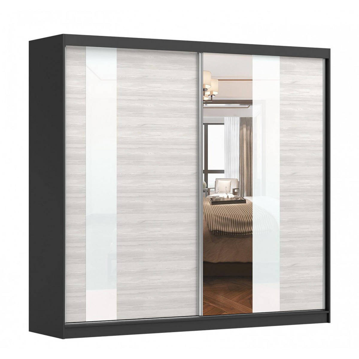 SCHWEBETÜRENSCHRANK Multi 32 Schwarz/Kathult Weiß + Spiegel 233cm - Alufarben/Schwarz, Glas/Holzwerkstoff (233/218/61cm) - imoebel24