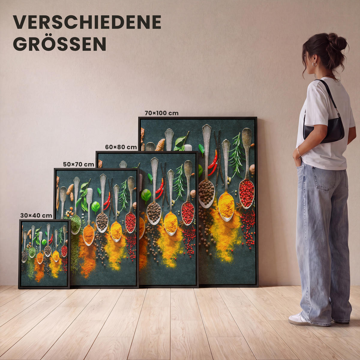 LEINWAND Bilder mit Rahmen - Kräuter - Gewürze - Löffel - 60x80 - Currygelb, Textil (60/80cm) - MuchoWow