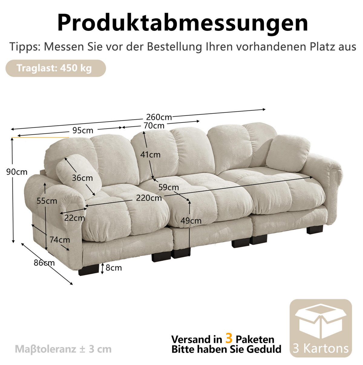 SOFA 260/86/90 cm in Hellkhaki aus Chenille mit Steppnähten - Sandfarben, Textil (86/90/260cm) - Flora Grace