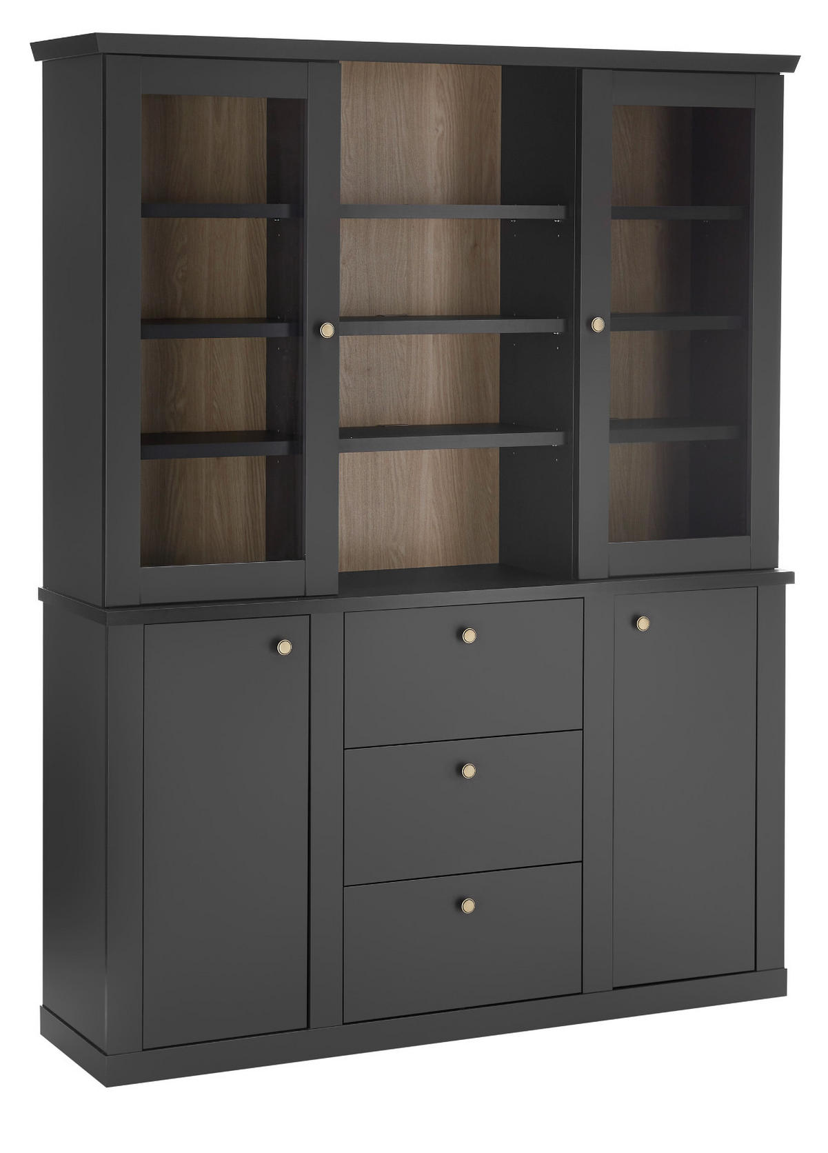 BUFFET schwarz matt, Eiche 158 cm, Buffetschrank Landhaus mit Soft-Close - Eichefarben/Messingfarben, Glas/Holzwerkstoff (158/201/42cm) - Furn.Design