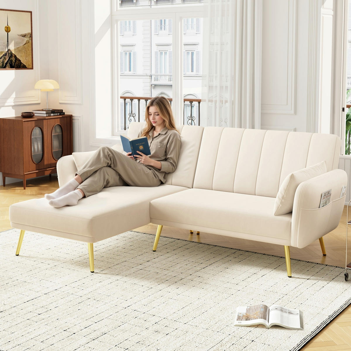 ECKSOFA, Samt mit Schlaffunktion & verstellbarer Rückenlehne, 191,5/130,5/80 cm, Beige - Beige, Textil (130.5/191.5cm) - Redom