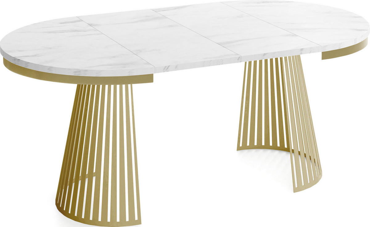 ESSTISCH Naro rund ausziehbar mit Goldem Lamellen-Metallgestell, Marmor Weiß 100-180/100/76 cm - Ecru/Goldfarben, Holzwerkstoff/Metall (100/100/76cm) - WFL GROUP
