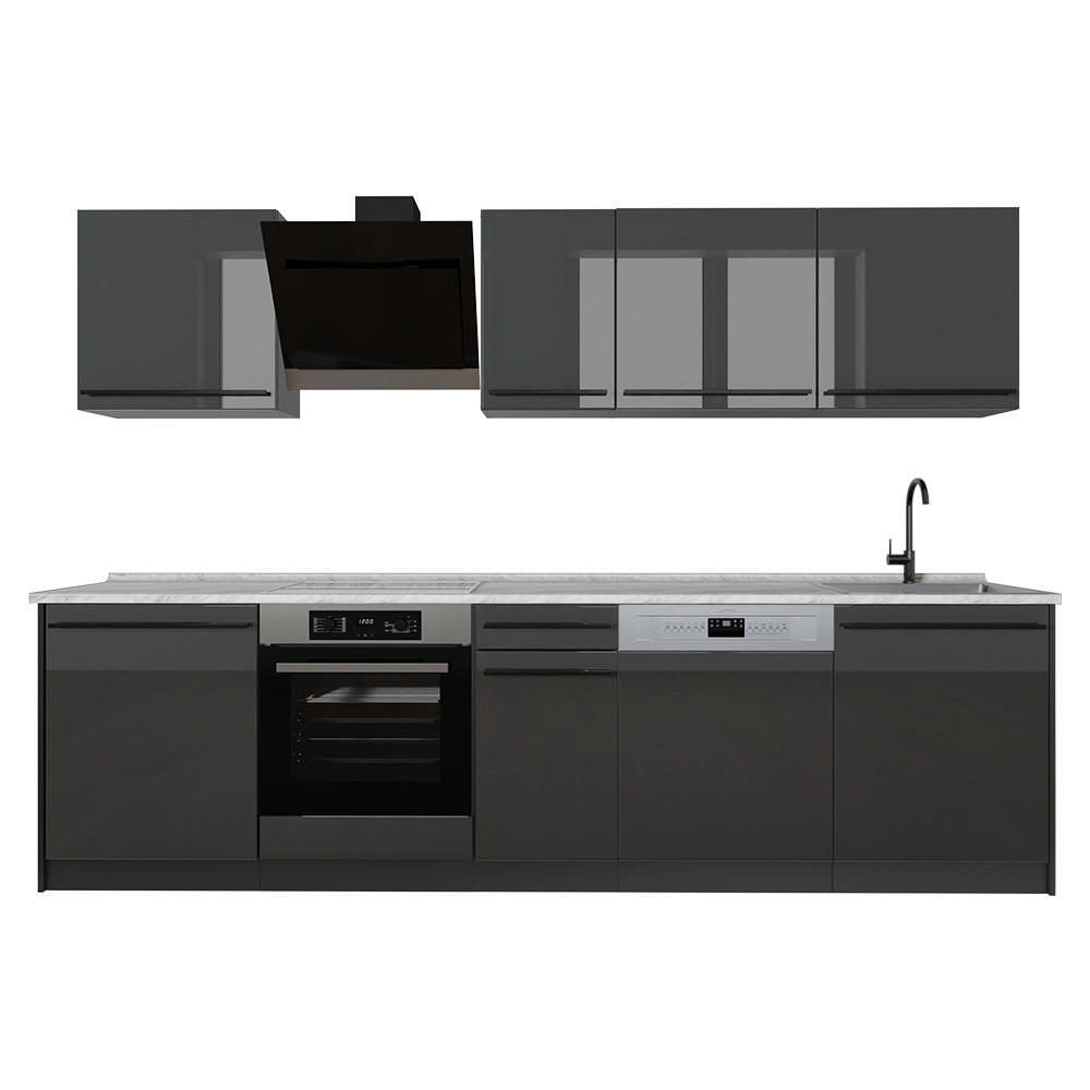 KÜCHENZEILE R-Line, Anthrazit Hochglanz/Anthrazit, 280 cm Arbeitsplatte Marmor - Schwarz Hochglanz/Anthrazit, Holzwerkstoff (280/206.8/60cm) - Vicco