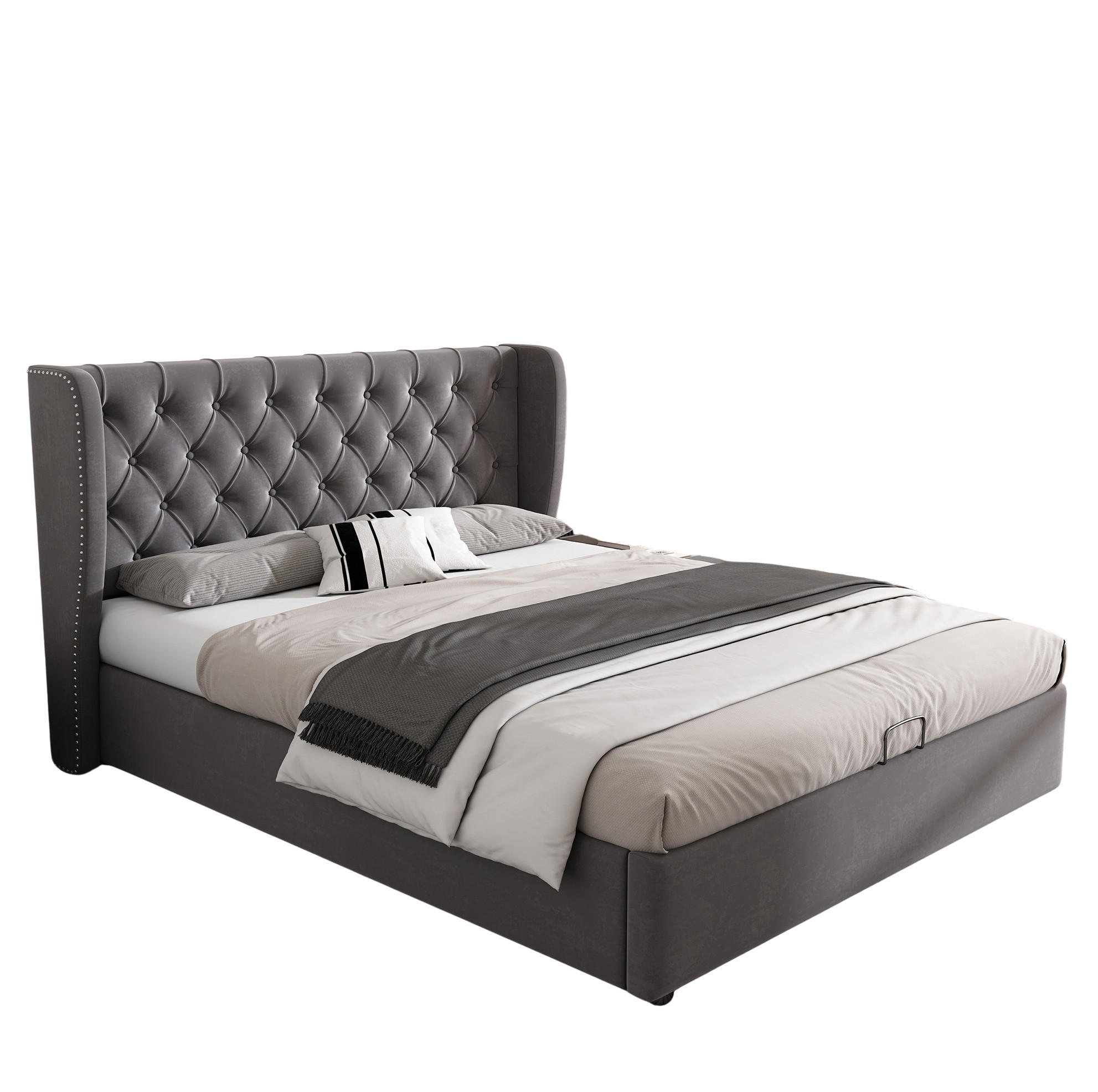 SAMT-POLSTERBETT 140/190 cm mit Bettkasten und gepolstertem Kopfteil in Grau - Grau, Textil (140/190cm) - BEAOK
