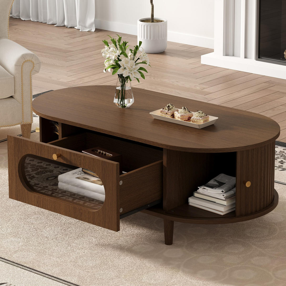 COUCHTISCH 100/50/36 cm Walnuss aus MDF mit Schublade und Rollladentüren - Nussbaumfarben, Holzwerkstoff (100/50/36cm) - OKWISH
