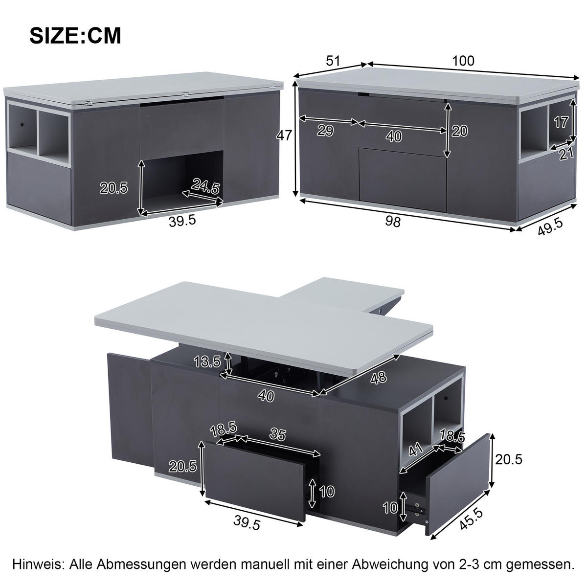 COUCHTISCH DE-159 Höhenverstellbar Grau - Grau, Holzwerkstoff (51/100/47cm) - ComfortXL
