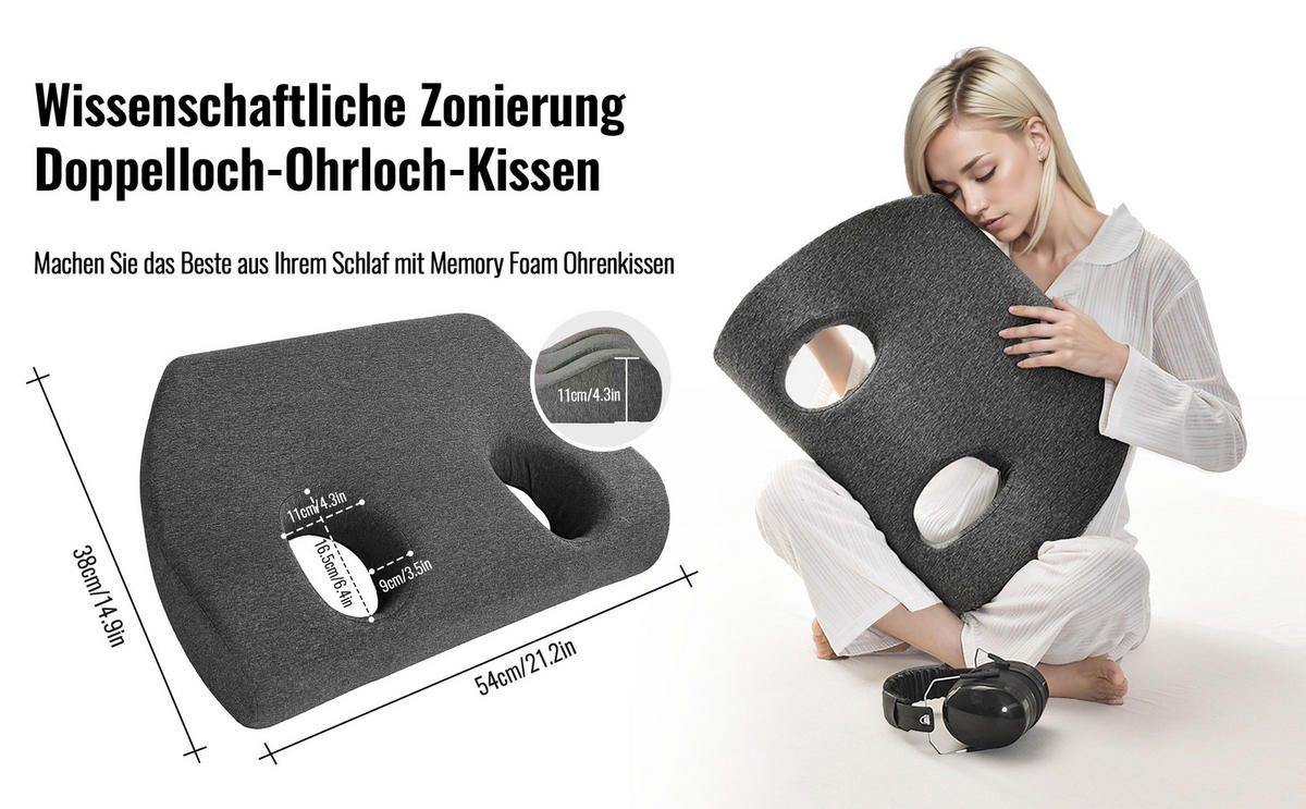 OHRKISSEN Geeignet für Seitenschläfer - Dunkelgrau, Textil (38/54cm) - Vercart