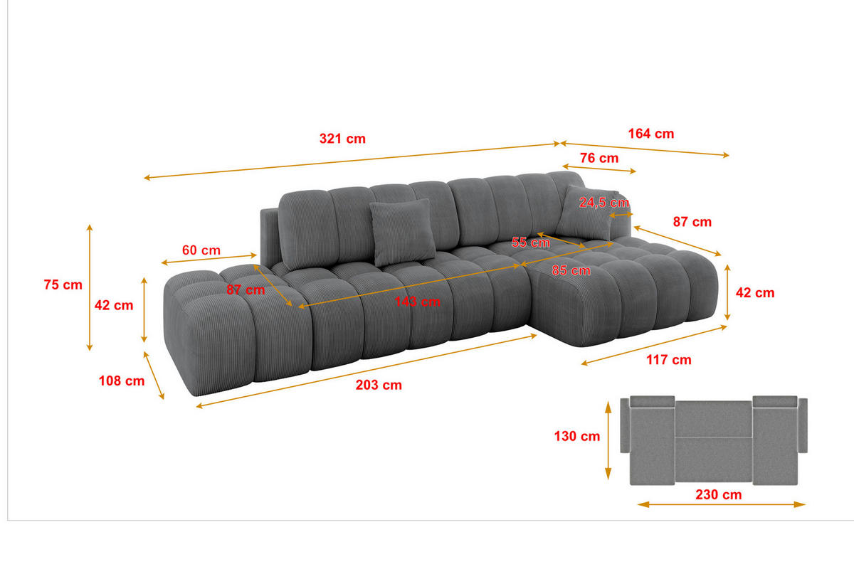 ECKSOFA mit Schlaffunktion Ottomane RECHTS OLEA-L2 321x164x75 Dunkelgrau Cord - Taupe/Schwarz, Holzwerkstoff/Kunststoff (164/321cm) - ALTDECOR