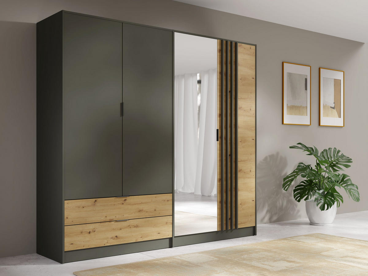 KLEIDERSCHRANK Graphit, Eiche Artisan 220/203/55 - Eiche Artisan, Holzwerkstoff (220/203/55cm) - RAUMHIRSCH FURNITURE