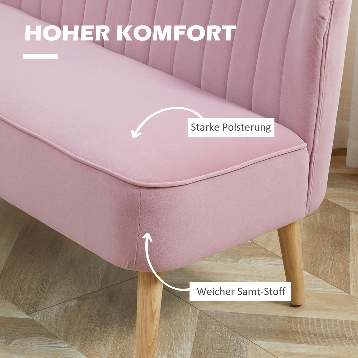 SOFA 2-Sitzer Couch Stoffsofa Sitzmöbel Polstersofa Loungesofa breit Rosa - Rosa/Naturfarben, Holz/Textil (56.5/77/117cm) - HOMCOM