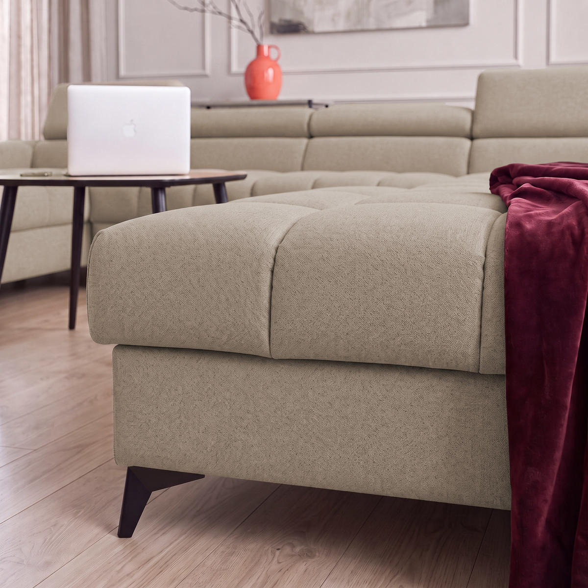 ECKSOFA PUDDING U Links mit Schlaffunktion 125x260 Velours Beige - Beige/Schwarz, Holz/Textil (203/350cm) - Muffo