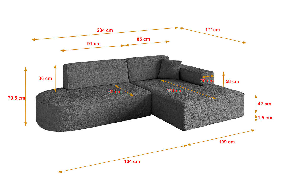 ECKSOFA Ottomane Rechts IREA-L1-v4 - 234x171x79 cm Grau - Dunkelgrau/Olivgrün, Holzwerkstoff/Textil (171/234cm) - ALTDECOR