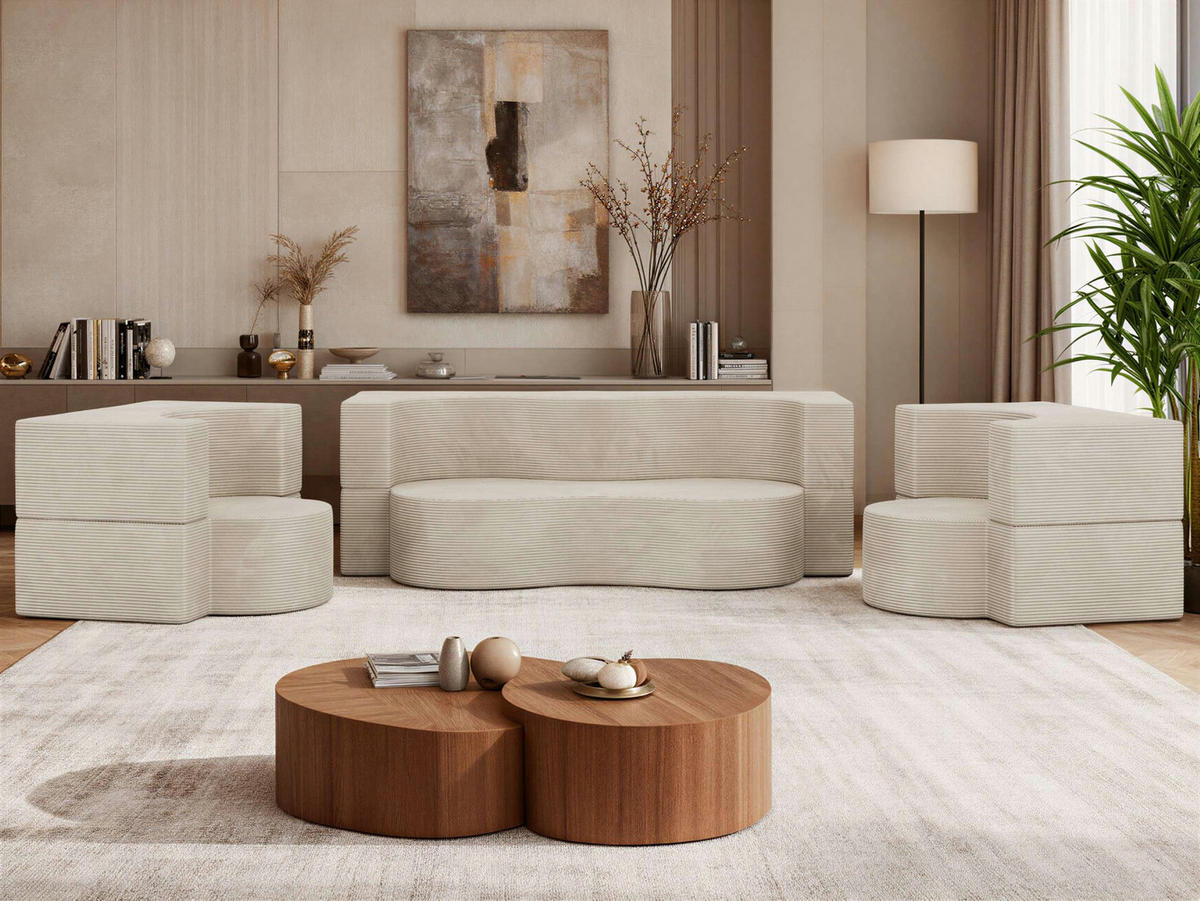 SITZGARNITUR SANOA 2+1+1 - Creme Cord - Creme, Textil (200/68/100cm) - MKS