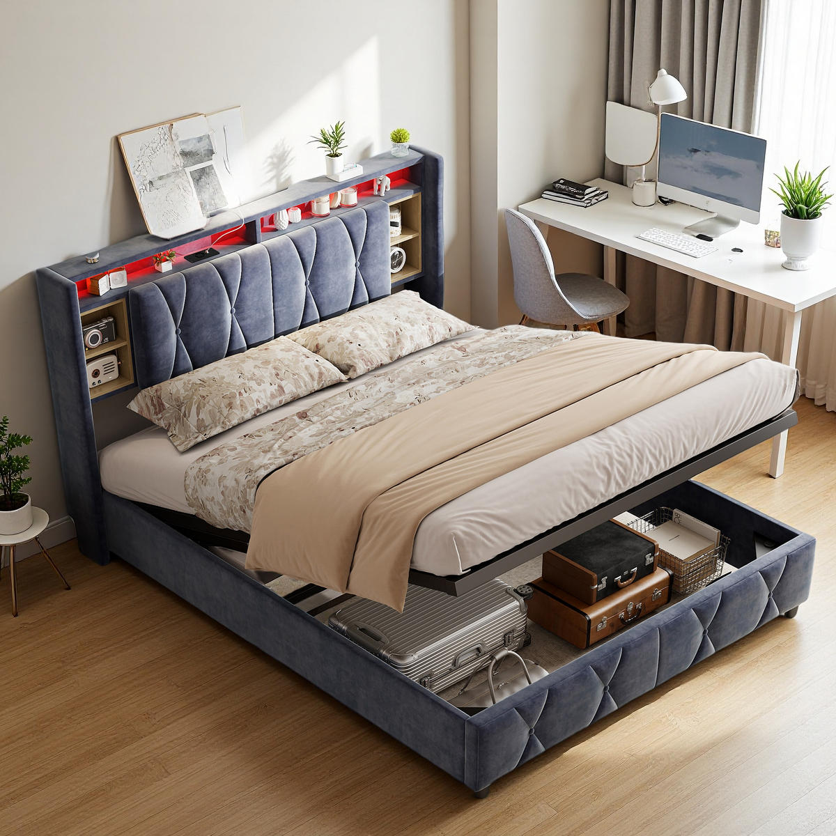 POLSTERBETT 140x200 cm LED Bettkasten USB Samt grau - Grau, Holz (140/200cm) - LEBENLANG