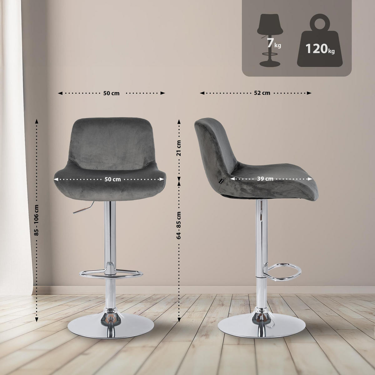 BARHOCKER 2er Set Samt Dunkelgrau - Chromfarben/Dunkelgrau, Textil/Metall (50/85/50cm) - CLP