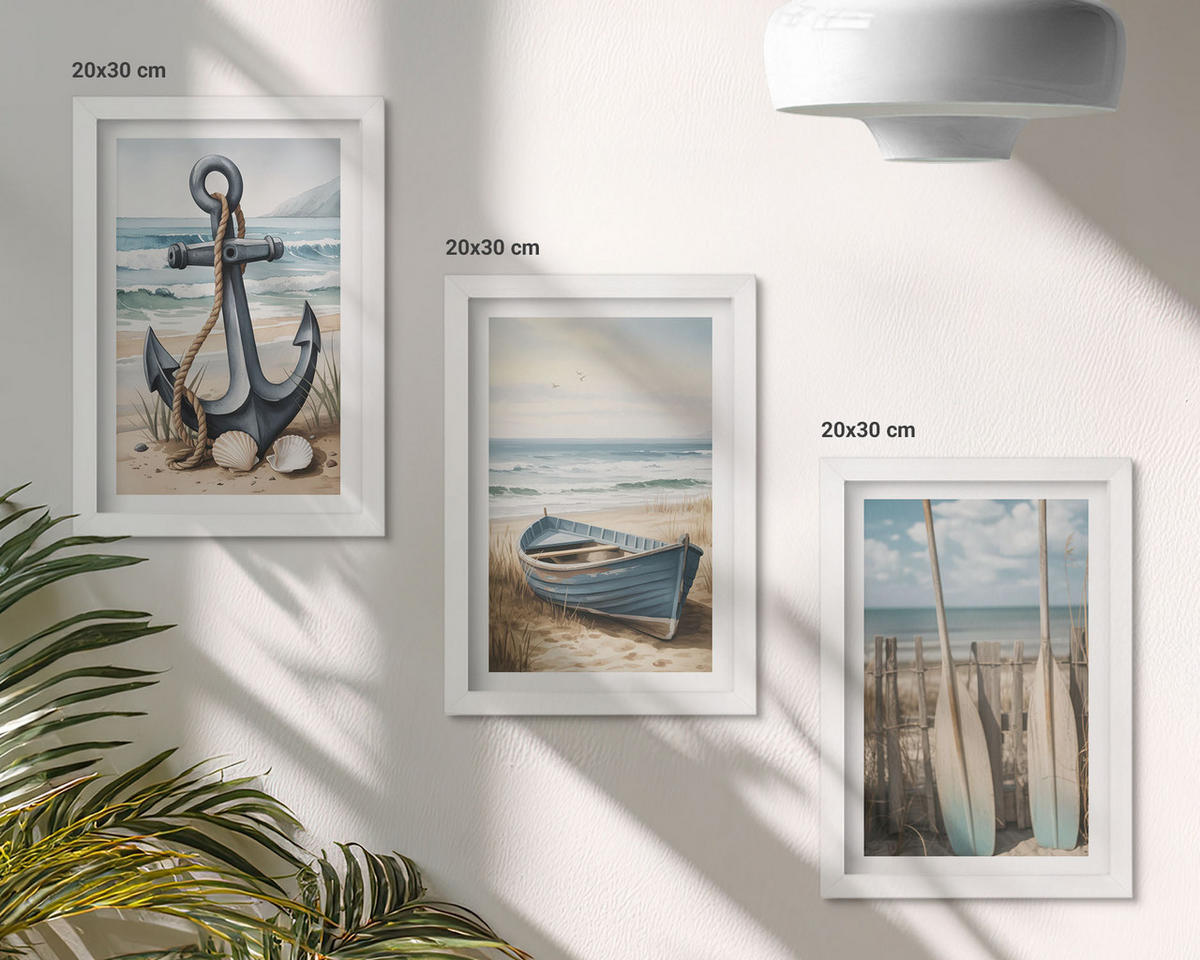 WANDBILDER 3er-Set - 20x30 cm Weißer Rahmen - Anker, Boot, Ruder, Strand - Weiß, Kunststoff (20/30cm) - ArtPrintCave
