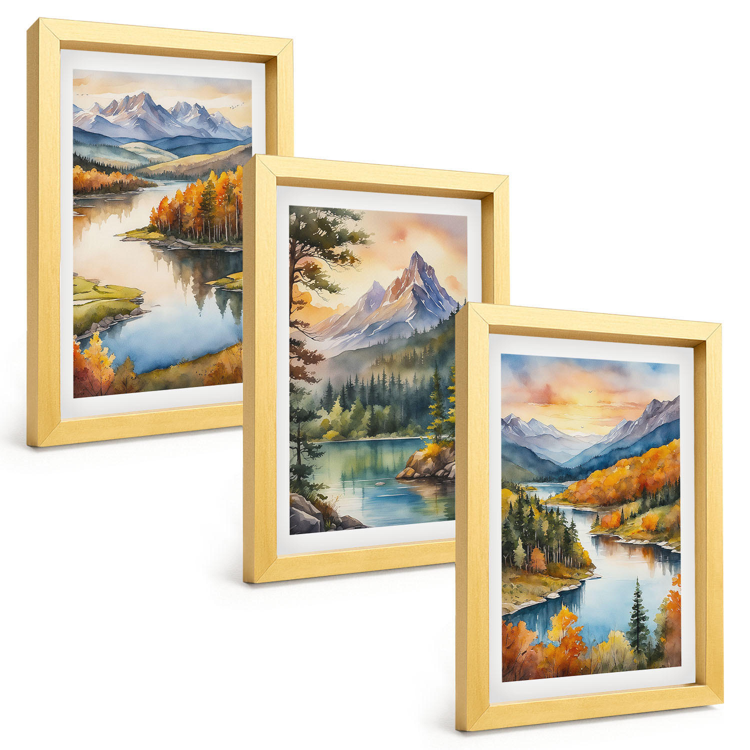 BILDER SET 3er Set - 20x30 cm Goldrahmen - Berglandschaften mit einem Fluss - Goldfarben, Kunststoff (20/30cm) - TULUP