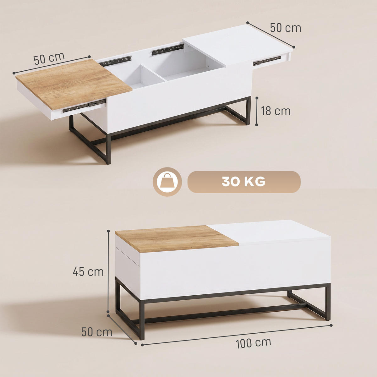 COUCHTISCH PANG-V7R3K9 Weiß - Weiß, Metall (100/50/45cm) - PANGIVO