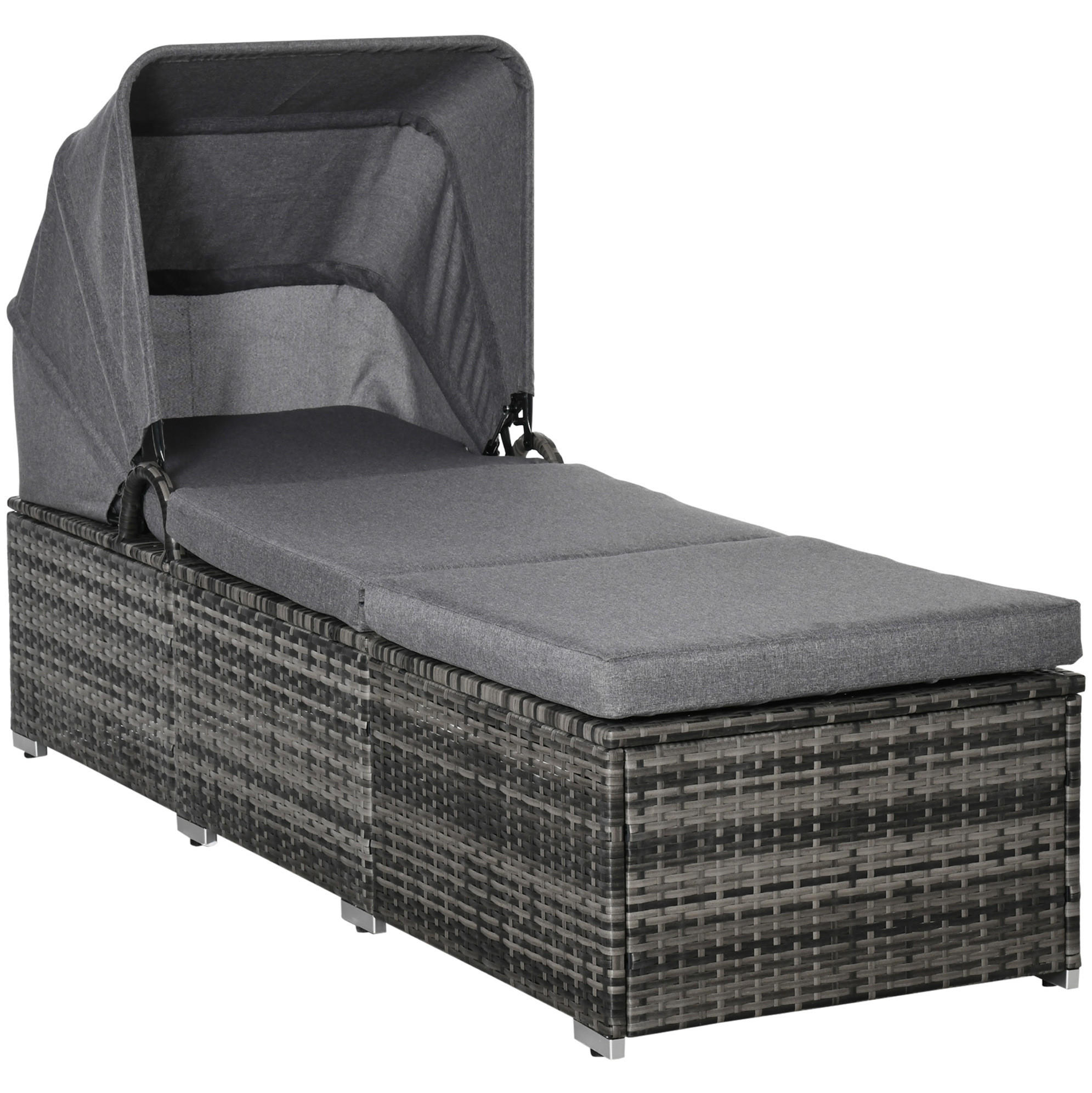 SONNENLIEGE 195/65/40 cm grau aus PE-Rattan mit Baldachin - Grau, Holzwerkstoff (65/40/195cm) - OKWISH
