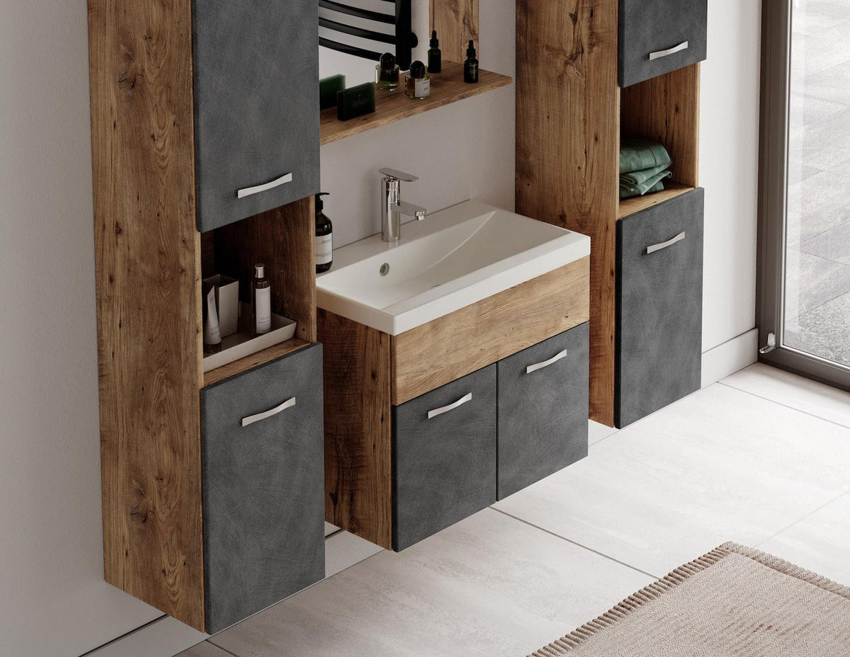 BADMÖBEL-SET Montreal 5 Teile Kastanien Eiche / Grau - 60 x 35 x 51 cm - Chromfarben/Dunkelgrau, Holz/Metall (60/51/35cm) - Badplaats